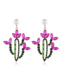 Cactus Flowers Rhinestone Shining Fashion Women Alloy Stud Earrings - Red