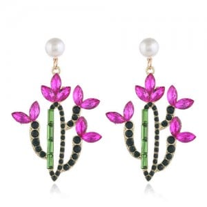 Cactus Flowers Rhinestone Shining Fashion Women Alloy Stud Earrings - Red