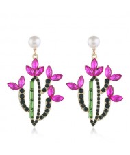 Cactus Flowers Rhinestone Shining Fashion Women Alloy Stud Earrings - Red