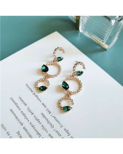 Rhinestone Twigs Linked Hoop High Fashion Women Alloy Dangling Earrings - Green