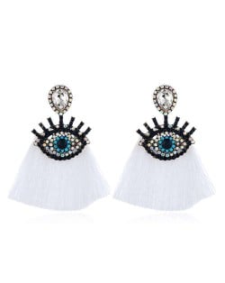 Cotton Threads Tassel Charming Eye Design High Fashion Women Boutique Style Earrings - White