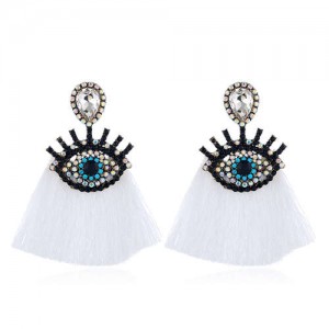 Cotton Threads Tassel Charming Eye Design High Fashion Women Boutique Style Earrings - White