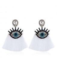 Cotton Threads Tassel Charming Eye Design High Fashion Women Boutique Style Earrings - White