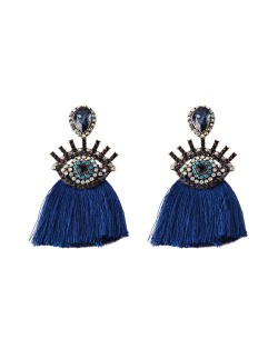 Cotton Threads Tassel Charming Eye Design High Fashion Women Boutique Style Earrings - Blue
