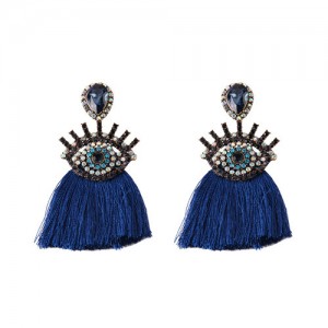 Cotton Threads Tassel Charming Eye Design High Fashion Women Boutique Style Earrings - Blue
