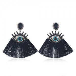 Cotton Threads Tassel Charming Eye Design High Fashion Women Boutique Style Earrings - Black