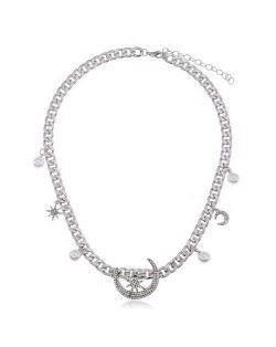 Star and Moon Decorations Design Silver Chain High Fashion Alloy Women Costume Necklace