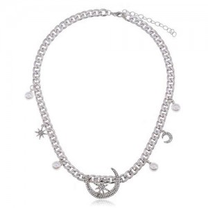 Star and Moon Decorations Design Silver Chain High Fashion Alloy Women Costume Necklace