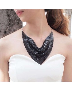 Shining Aluminum Sequins Triangle Scarf Design High Fashion Women Bib Statement Necklace - Black