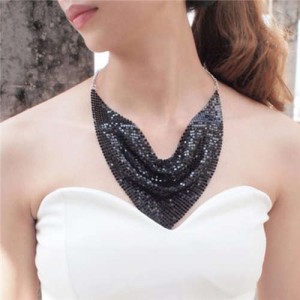 Shining Aluminum Sequins Triangle Scarf Design High Fashion Women Bib Statement Necklace - Black