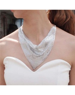 Shining Aluminum Sequins Triangle Scarf Design High Fashion Women Bib Statement Necklace - Silver
