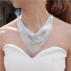 Shining Aluminum Sequins Triangle Scarf Design High Fashion Women Bib Statement Necklace - Silver
