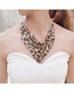 Shining Aluminum Sequins Triangle Scarf Design High Fashion Women Bib Statement Necklace - Golden Leopard