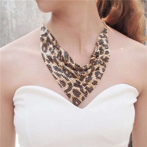 Shining Aluminum Sequins Triangle Scarf Design High Fashion Women Bib Statement Necklace - Golden Leopard