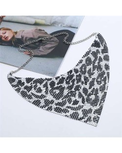 Shining Aluminum Sequins Triangle Scarf Design High Fashion Women Bib Statement Necklace - Silver Leopard