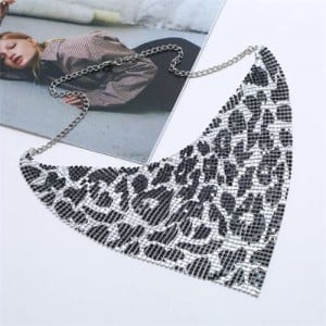 Shining Aluminum Sequins Triangle Scarf Design High Fashion Women Bib Statement Necklace - Silver Leopard