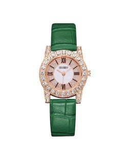 7 Colors Available Rhinestone Inlaid Shining Roman Numerals Index Design Women Fashion Leather Wrist Watch