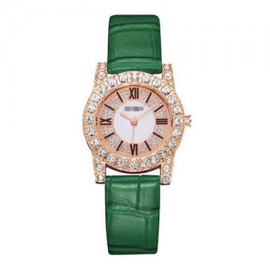 7 Colors Available Rhinestone Inlaid Shining Roman Numerals Index Design Women Fashion Leather Wrist Watch