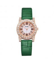 7 Colors Available Rhinestone Inlaid Shining Roman Numerals Index Design Women Fashion Leather Wrist Watch