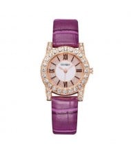 7 Colors Available Rhinestone Inlaid Shining Roman Numerals Index Design Women Fashion Leather Wrist Watch