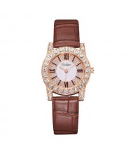 7 Colors Available Rhinestone Inlaid Shining Roman Numerals Index Design Women Fashion Leather Wrist Watch