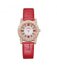7 Colors Available Rhinestone Inlaid Shining Roman Numerals Index Design Women Fashion Leather Wrist Watch