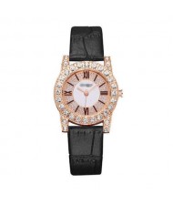 7 Colors Available Rhinestone Inlaid Shining Roman Numerals Index Design Women Fashion Leather Wrist Watch