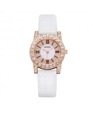 7 Colors Available Rhinestone Inlaid Shining Roman Numerals Index Design Women Fashion Leather Wrist Watch