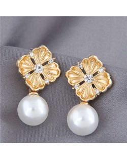 Pearl and Rhinestone Golden Flower Design Korean Fashion Elegant Women Earrings