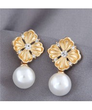 Pearl and Rhinestone Golden Flower Design Korean Fashion Elegant Women Earrings