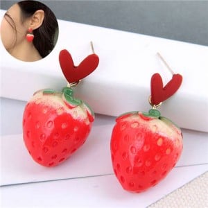 Sweet Heart and Strawberry Combo Design High Fashion Women Stud Earrings