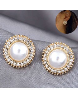 Pearl Inlaid Korean Fashion Round Button Design Graceful Women Stud Earrings