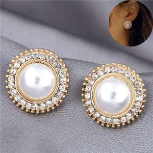 Pearl Inlaid Korean Fashion Round Button Design Graceful Women Stud Earrings