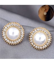 Pearl Inlaid Korean Fashion Round Button Design Graceful Women Stud Earrings
