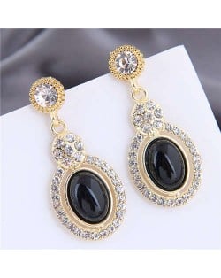 Artificial Turquoise Embellished Rhinestone Rimmed Oval Shape Dangling Fashion Women Stud Alloy Earrings - Black