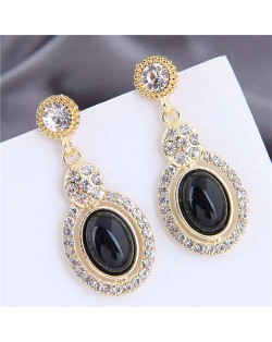Artificial Turquoise Embellished Rhinestone Rimmed Oval Shape Dangling Fashion Women Stud Alloy Earrings - Black