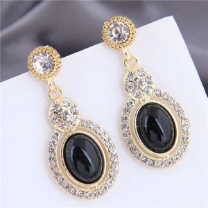 Artificial Turquoise Embellished Rhinestone Rimmed Oval Shape Dangling Fashion Women Stud Alloy Earrings - Black