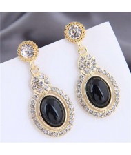 Artificial Turquoise Embellished Rhinestone Rimmed Oval Shape Dangling Fashion Women Stud Alloy Earrings - Black
