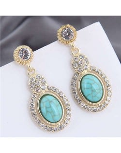 Artificial Turquoise Embellished Rhinestone Rimmed Oval Shape Dangling Fashion Women Stud Alloy Earrings - Teal
