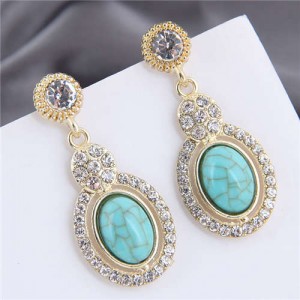 Artificial Turquoise Embellished Rhinestone Rimmed Oval Shape Dangling Fashion Women Stud Alloy Earrings - Teal