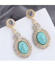 Artificial Turquoise Embellished Rhinestone Rimmed Oval Shape Dangling Fashion Women Stud Alloy Earrings - Teal