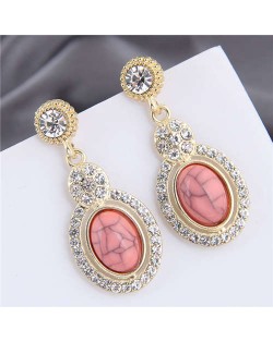 Artificial Turquoise Embellished Rhinestone Rimmed Oval Shape Dangling Fashion Women Stud Alloy Earrings - Pink