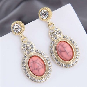 Artificial Turquoise Embellished Rhinestone Rimmed Oval Shape Dangling Fashion Women Stud Alloy Earrings - Pink