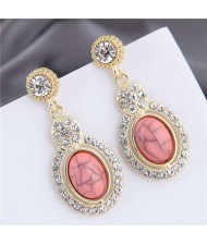 Artificial Turquoise Embellished Rhinestone Rimmed Oval Shape Dangling Fashion Women Stud Alloy Earrings - Pink