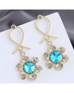 Rhinestone Embellished Dangling Flower Bowknot Design Golden Alloy Women Stud Earrings - Blue