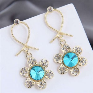 Rhinestone Embellished Dangling Flower Bowknot Design Golden Alloy Women Stud Earrings - Blue