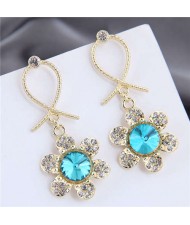 Rhinestone Embellished Dangling Flower Bowknot Design Golden Alloy Women Stud Earrings - Blue