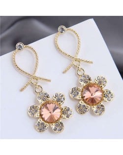 Rhinestone Embellished Dangling Flower Bowknot Design Golden Alloy Women Stud Earrings - Champagne