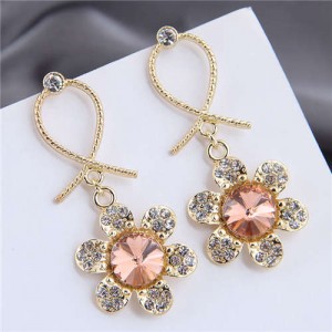 Rhinestone Embellished Dangling Flower Bowknot Design Golden Alloy Women Stud Earrings - Champagne