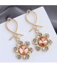 Rhinestone Embellished Dangling Flower Bowknot Design Golden Alloy Women Stud Earrings - Champagne